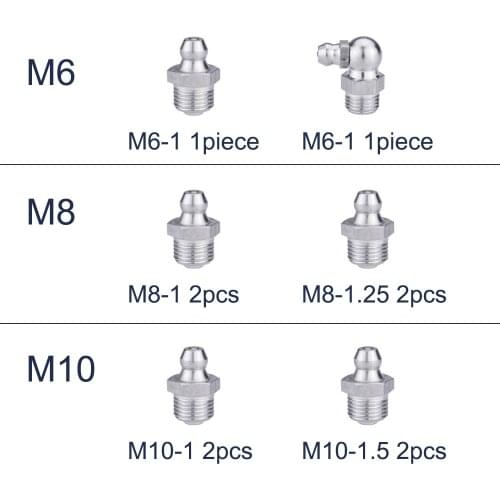 10pcs M6 M8 M10 Mix of Male Thread Steel Straight 90 Degree Oil Zerk Grease Nipples Fittings for Grease Gun Nozzles