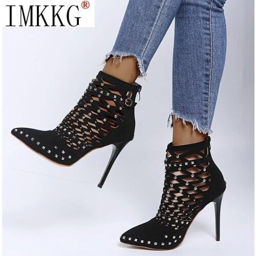2021 Gladiator Sandals Summer Spring Pointed Toe Rivets Studded Cut Out Ankle Boots Stiletto Heel Women Shoes