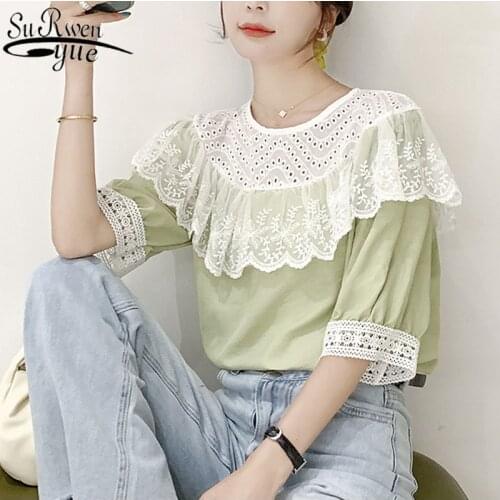2021 Summer Sweet Hollow OutRuffled Lace Crochet Chiffon Blouse Women Light Green Puff Sleeve Casual Womans Shirts 9555