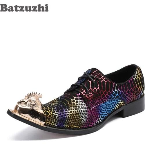 Batzuzhi Handmade Rock Mens Shoes Italian Model Colorful Leather Mens Dress Shoes Pointed Metal Toe Party /Business
