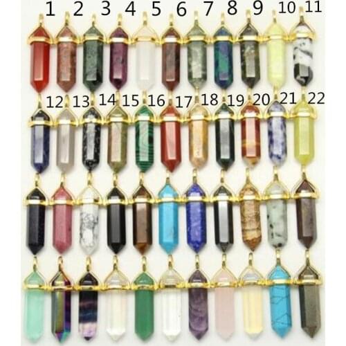 44 stones choice,#1-#22 10pcs 12x40mm Faceted Hexagon Point Pendants,Plated Gold Bails Stick Spike Beads Craft Necklace Bulk
