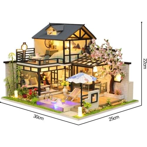 Wooden Dollhouse with Lights and Furniture Accessories, DIY Romantic Creative Villa House Room Set Gift for Ages 3
