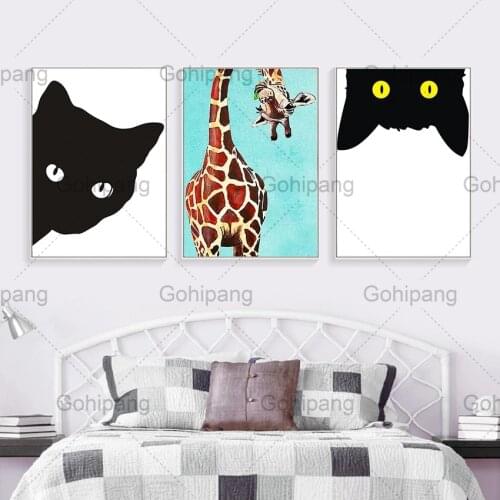 Nordic Style Kids Room Posters Cute Cartoon Black Cat Deer Animals Canvas Painting Hd Print Bedroom Decoration Wall Art Picture