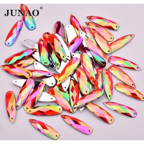 JUNAO 30pcs 8x28mm Red AB Drop Rhinestones Sewing Acrylic Gems Flatback Strass Applique Sew On Crystals Stones for Clothes Craft