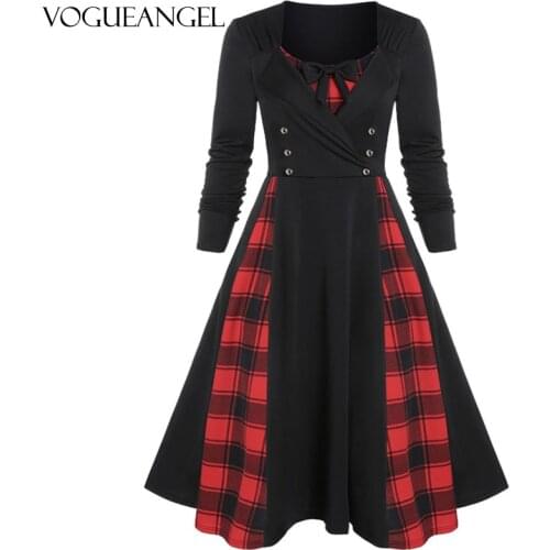 Plaid Button Patchwork Retro Dress Embellished Bowknot Sweetheart Dress Autumn Long Sleeves 50s 60s Vintage Vestidos Mujer 3XL