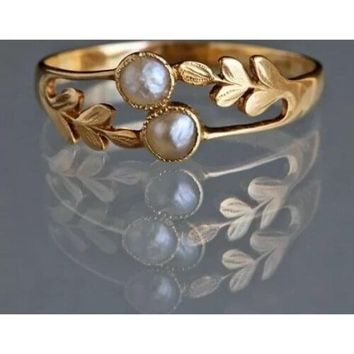 Womens Fashion 18K Gold Color Ring Elegant Luxury White Pearl Jewelry Wedding Engagement Party Ring Anniversary Gift Size 5-11