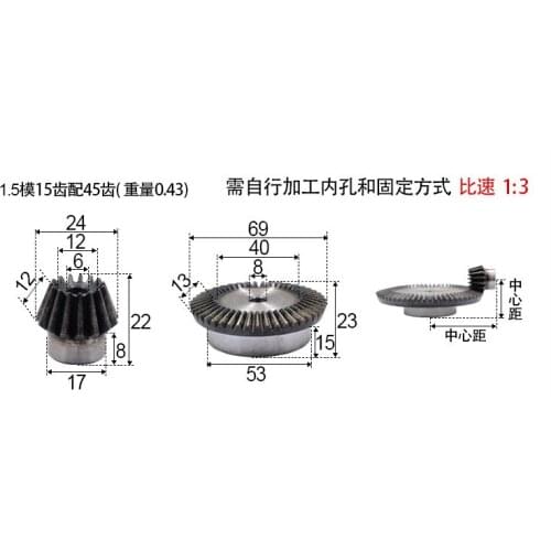 Bevel gear 1:3 speed ratio 1.5M 15teeth to 45teeth