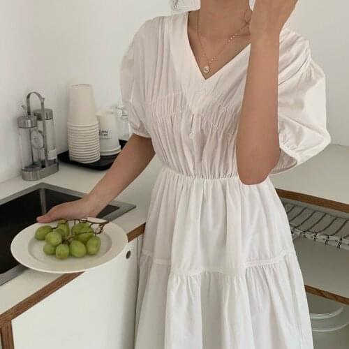 Summer Long Dress V-Neck Puff Sleeve Casual Elegant Party Dress Loose High Waist Patchwork Pleated Vintage Single Breasted