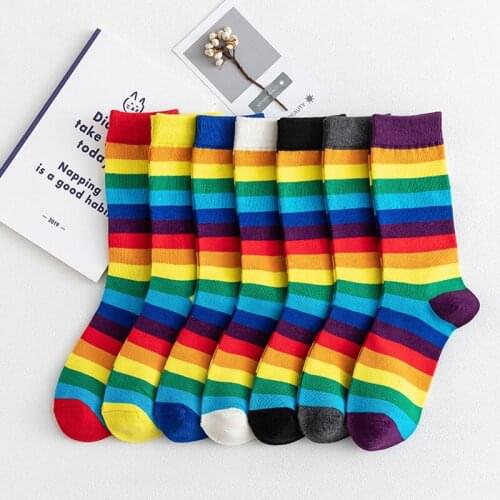 Rainbow Striped Cute Cotton Socks Elastic Sweat Women Long Luxury Candy Color Sport Funny Meias Casual Retro Harajuku Girl Socks