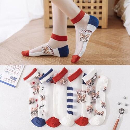 5 Pairs Spring Summer Thin Crystal Women Cat Socks Cartoon Cat Mesh Transparent Glass Socks For Women