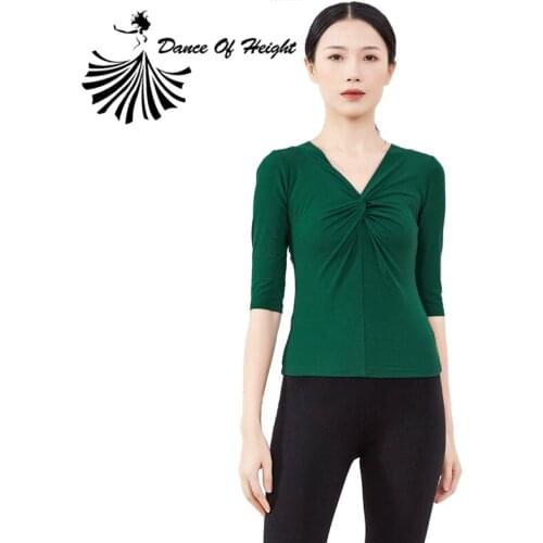 New Womens Modern Dance Top Blouse Yoga Practice Clothes V Neck With Twisting Front Half Sleeve Dance Wear Cheap Solid T Shirt