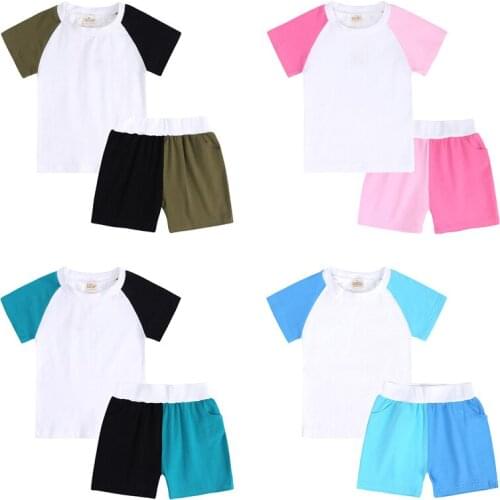 Kids Pajamas Set Summer Children Short Sleeve Sleepwear Patchwork Solid Color Boys Pyjamas Girl Clothing Nightwears 66cm-160cm