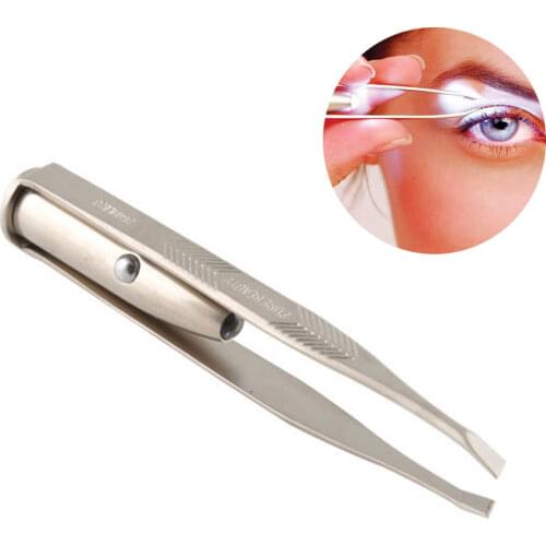 Professional Stainless Steel Makeup LED Light Slant Tip Hair Removal Eyelashes Eyebrow Tweezers Makeup Tool With Battery #7245