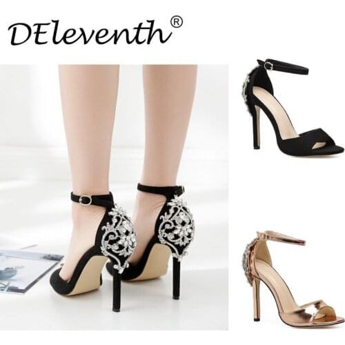 New summer word with sandals female wild simple women sandals Round Toe Flock 11CM Thin Heels High heel Buckle Strap Rhinestones