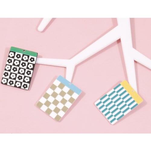Diy jewelry making 40pcs/lot cartoon flowers/lattice pattern print geometry rectangle shape acrylic beads fit earring accessory