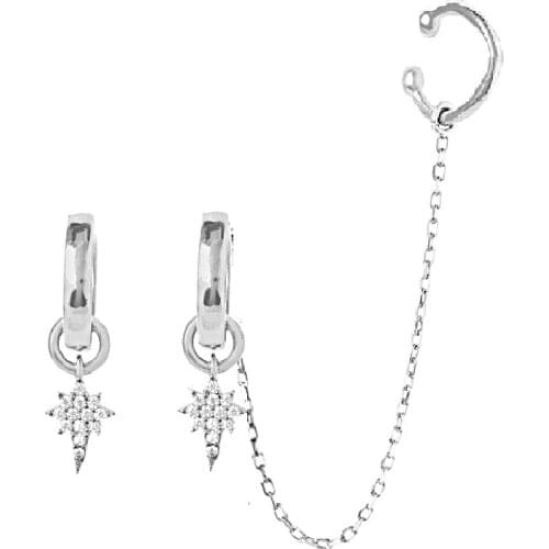 Silver Ancl Pole Star Zircon Cubic Zirconia Chain Dangle Ring Cartilage Earrings