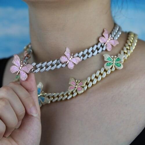 Iced women jewelry high quality micro pave 5A cz cuban link chain pink pastel enamel colorful butterfly necklace