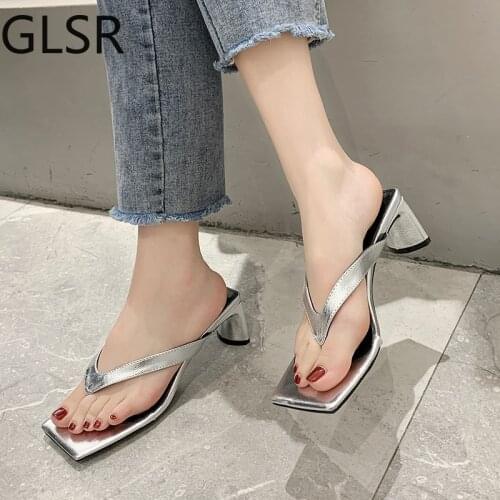 2021Sexy Clip Toe High Heels Slippers Women Silver White Square Toe Party Slides Women Fashion Square Heels Sandals Female