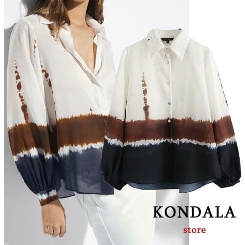 Women Vintage Tie Dye Print Loose Shirts Za 2021 Oversized Single Button Elegant Blouses Casual Mujer Tops