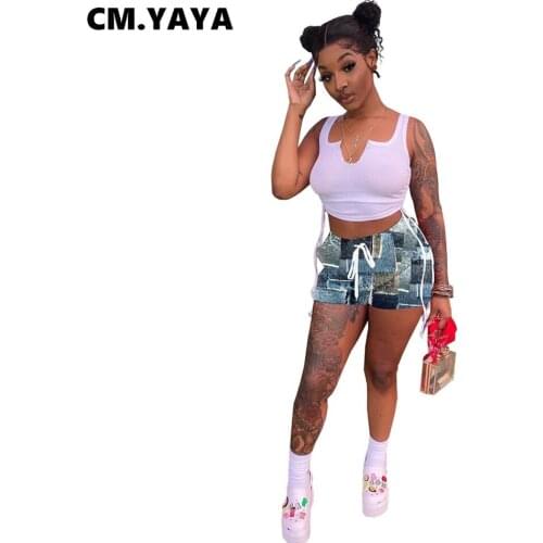 CM.YAYA Women Set Sleeveless V-neck Crop Tanks Tops Drawstring Waist Shorts Two 2 Piece Sets Active Tracksuit Summer Outfits