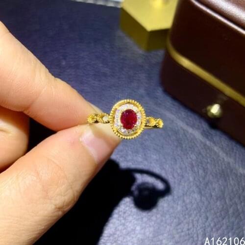 925 Pure Silver Chinese Style Natural Ruby Womens Classic Exquisite Oval Adjustable Gemstone Ring Fine Jewelry Support Detectio