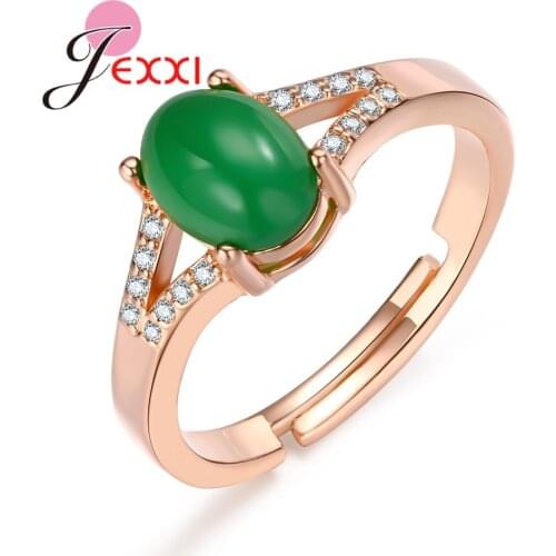 Vintage Style Adjustable Rose Gold Female Rings with Big Round Green Stone For Women Finger Ring Mothers Day Gift