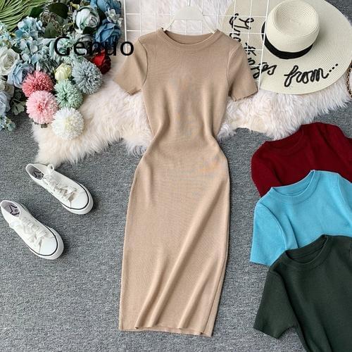 New Short Sleeve Solid Vintage Women Dress Korean Knit Stretch Waist Elegant Dresses o Neck Bodycon