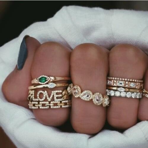 Gold Color Fashion Women Finger Jewelry Colorful Birthstone Blue Green Red Evil Eye Open Adjust Riing