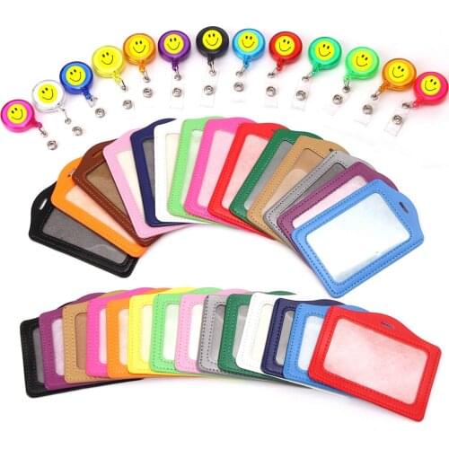 10pcs/lot Retractable Smile Badge Reel Women Mens Students Nurse Doctor ID Name Card Holders Clip Keychain Lanyard Leather Cover