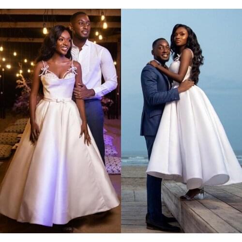 Satin Ruched Wedding Dresses 2021 African Sexy Spaghetti Straps A Line Bridal Gowns Backless Beaded Ankle Length Vestidos