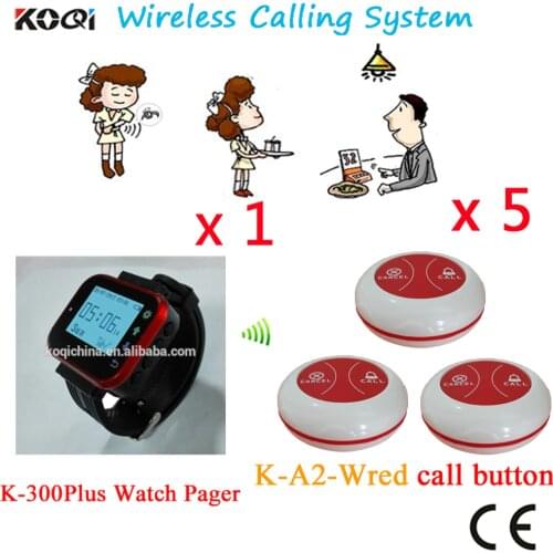 Wireless Waiter Calling System Nurse Call Restaurant Pager Watch Pack Wrist Watch And Call Button CE Passed(1 watch+5 button)