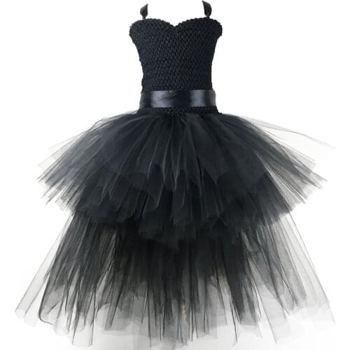 Girls Black Trailing Tutu Dress Kids Crochet Tulle Evening Strap Dress Ball Gown Children Birthday Party Banquet Costume Dresses