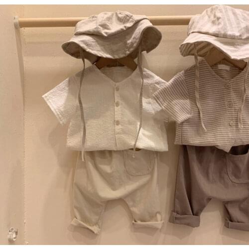 Korean Childrens Clothing Ins Childrens 2020 Summer Breathable Cotton and Linen Shirt Short-Sleeved Baby All-match Shirt