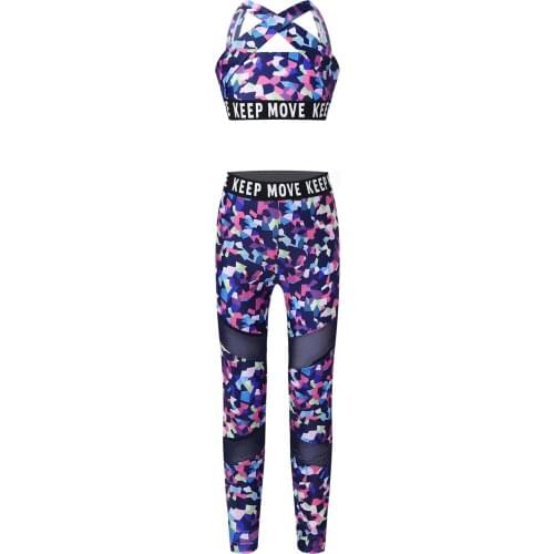 Kids Girls Sport Suit Sportwear 2021 Cross at Rear Letters Print Workout Gym Yoga Sports Crop Top High Waist Pants Trousers Set