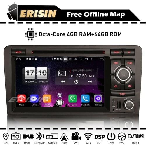 Erisin ES8737A CarPlay 7" Android 10.0 Car Radio DAB+ DSP Bluetooth OBD WiFi DVB-T2 DVR TPMS Canbus For AUDI A3 S3 RS3 RNSE-PU