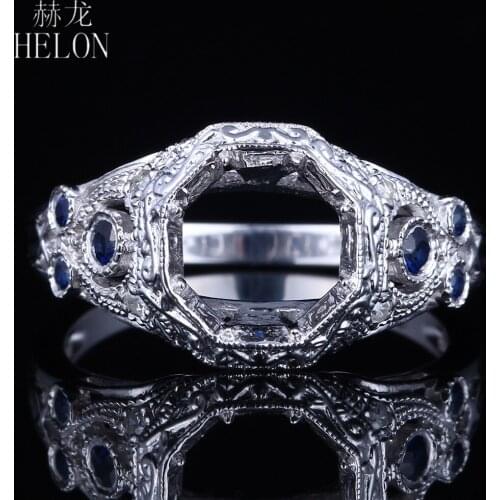 HELON 7-7.5mm Round Solid 14K White Gold 0.3ct Natural Diamonds & Sapphires Trendy Vintage Jewelry Semi Mount Engagement Ring
