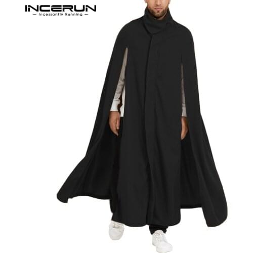 INCERUN Fashion Men Cloak Coats Streetwear Loose Solid Color Stand Collar Split Mens Trench Cape Chic Long Style Poncho S-5XL