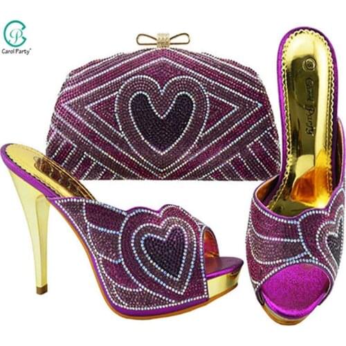 Italian design Woman Sandals Shoes With Purse Set African Mature High Heels Shoes And Bag Set Purple Color High Quality For Part
