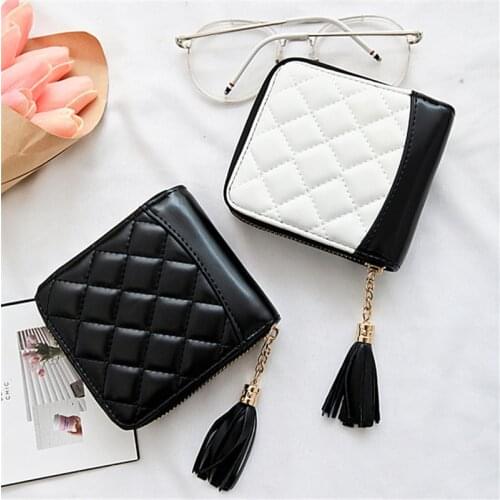 2020 Wallet PU Leather Black White Embroidered Tassel Patchwork Fashion Diamond Lattice Zipper Women Short Wallet
