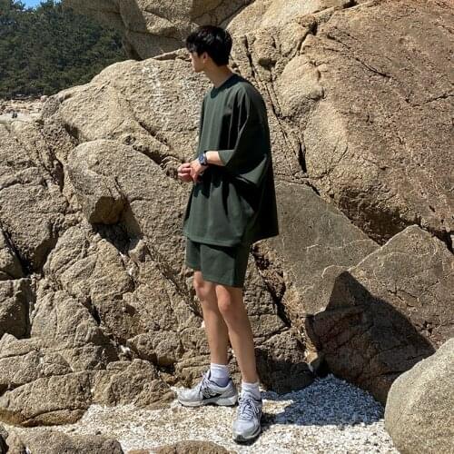 Summer Short-sleeved T-shirt Round Neck And Five-minute Sleeves Korean Trend Summer Loose Solid Color Sports Shorts Suit