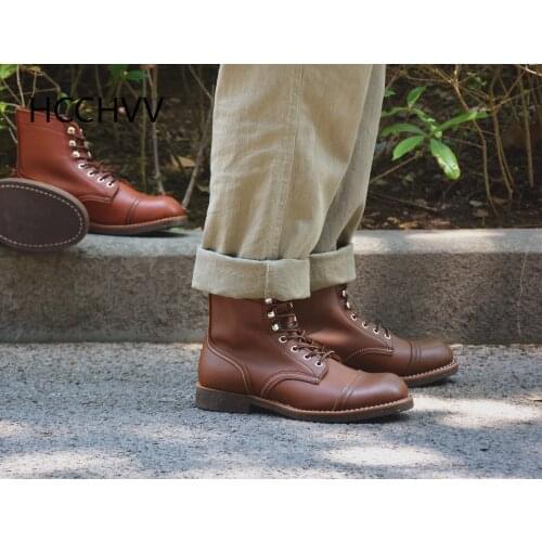 Retro Handmade mens Shoes Leather Work Outdoor Parachute Boots Motorcycle Travel Hiking Shoes Mens Brown