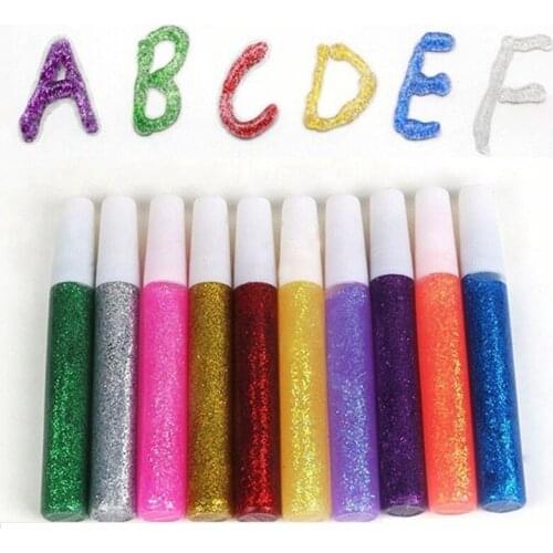10pcs/Set Color Drawing Glitter Powder Adhesive Paper Crafts Phone Frame Case DIY Child Painting Art Super Liquid Glue Pen
