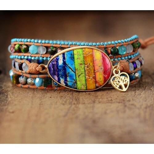 New Chakra Bracelets Multilayers Women Leather Wrap Bracelets W/ Jaspers Beaded 3X Cuff Bracelet Boho Jewelry Dropshipping