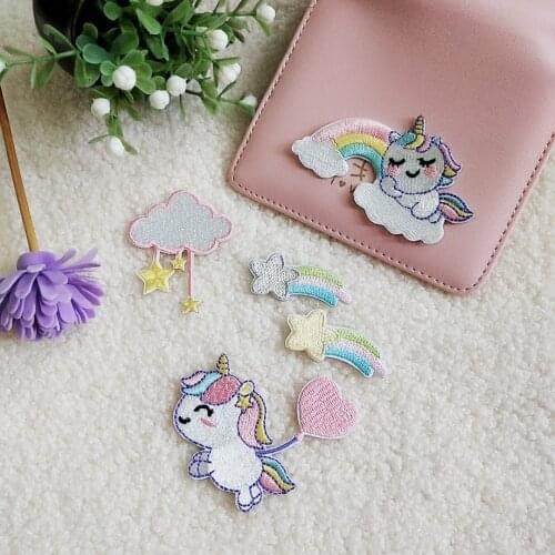 Self-adhesive Cartoon Unicorn Rainbow Clouds Star Meteor Embroidery Patches for Clothing Iron on Clothes Sticker Appliques DIY