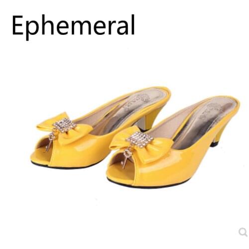 Ladies Spike Heel Slides Peep Toe Patent Leather Shoes Crystal Bow Slipper Med Heel Outdoor Footwear Sweet For Summer Black Blue