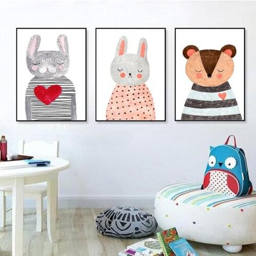 Modern Cute Cartoon Animal Bear White Rabbit Poster Abstract Print Canvas Painting Picture Home Wall Art Decoration Wall Sticker