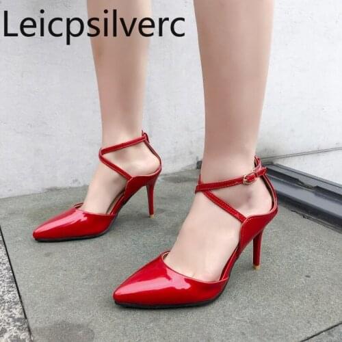 Pumps Spring and autumn new style Cross-tied Pointed Shallow mouth Buckle Fine heel High heel Womens shoe plus size 30-48