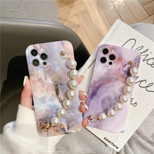 Vintage Marble Phone Case For iPhone 11 12 Pro Max 7 XR XS X SE 20 8 Plus Cute 3D Peal Bracelet Chain Soft Silicone Cover Fundas