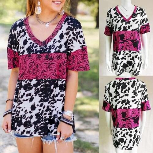 Womens V-Neck Printed Street Trendy Hedging Loose Short Sleeve T-Shirt Picture Color