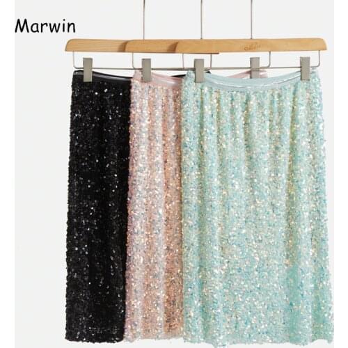 Marwin 2020 New-Coming Spring Dot Sequined Straight Mid-Calf Empire High Street Style Women Skirts Party Holiday Skirts